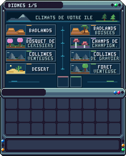 Changer le biome (page 1) · /is biome — Choisir le biome de l'île parmi la liste (8 par page, 5 pages).
