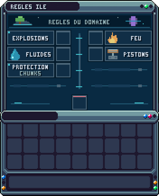 Options : règles · /is opt gamerule — Explosions, feu, fluides et autres règles de l'île, avec voyants vert/rouge.