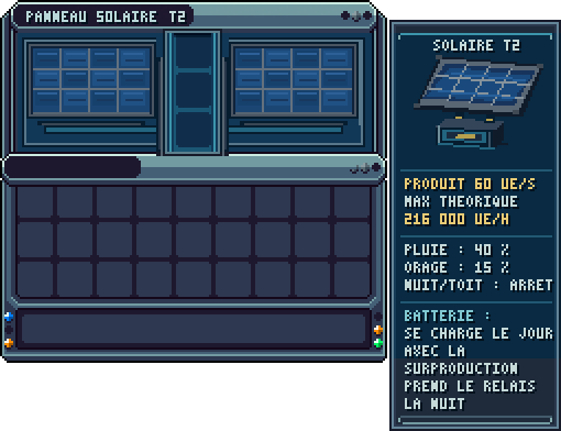 Panneau solaire II · clic droit sur le panneau solaire II — Statut du panneau solaire II (≈ ×10 de production).