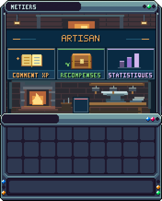 Métier : Artisan · clic dans le menu « Métiers » — Fiche du métier Artisan : comment gagner de l'XP, récompenses de niveau, statistiques.