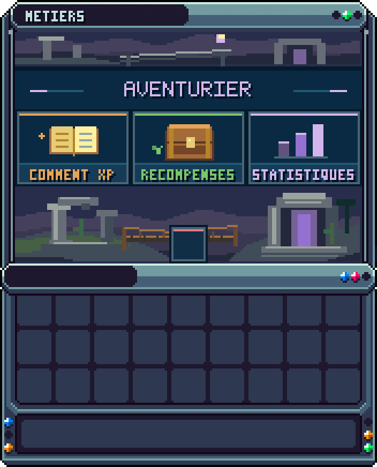 Métier : Aventurier · clic dans le menu « Métiers » — Fiche du métier Aventurier : comment gagner de l'XP, récompenses de niveau, statistiques.