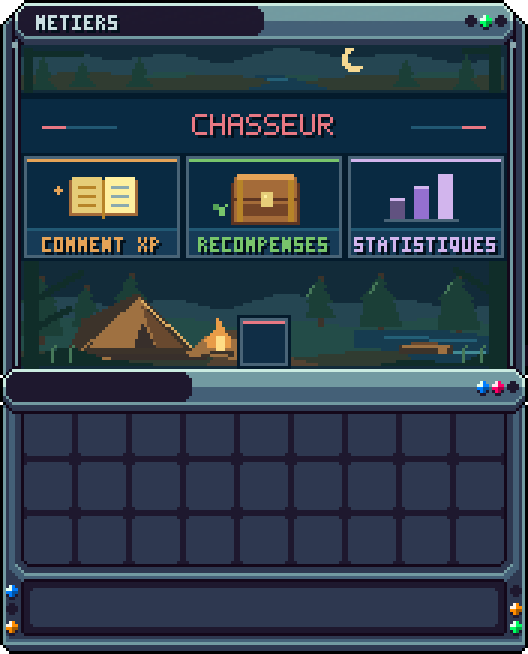 Métier : Chasseur · clic dans le menu « Métiers » — Fiche du métier Chasseur : comment gagner de l'XP, récompenses de niveau, statistiques.