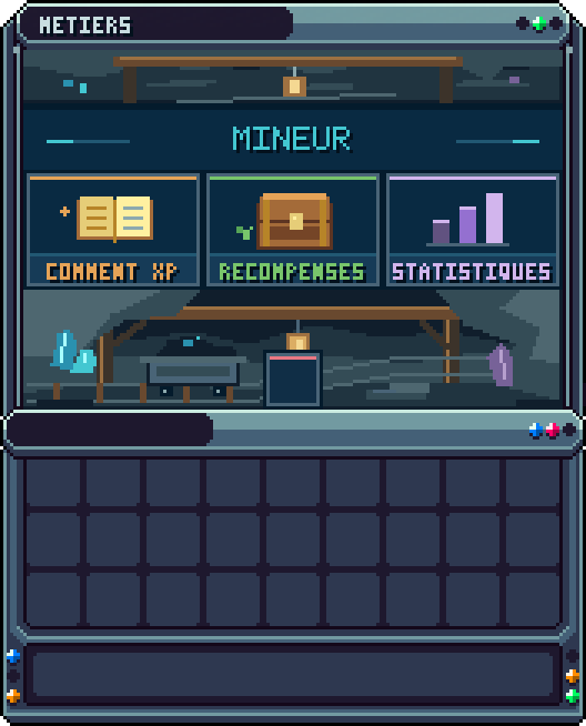 Métier : Mineur · clic dans le menu « Métiers » — Fiche du métier Mineur : comment gagner de l'XP, récompenses de niveau, statistiques.