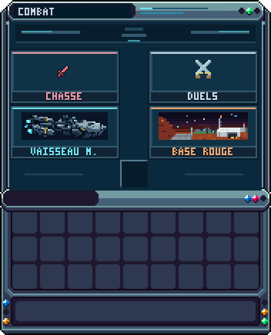 Inspecter : Combat · clic dans le menu « Inspecter un joueur » — Page du profil inspecté : chasse, duels, donjons (Vaisseau mère, Base Rouge). Même fond : Ton profil : Combat.