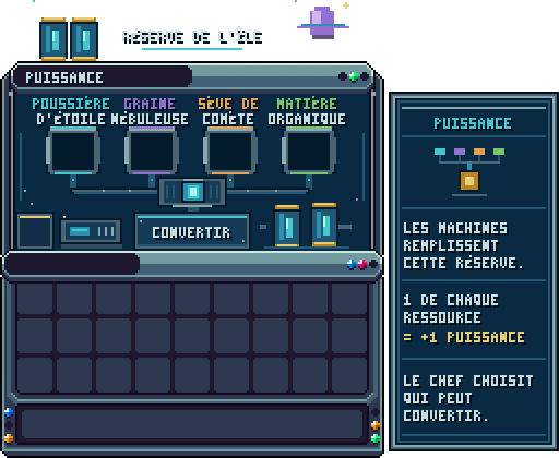 Réserve de l'île · /is reserve — Compteur des 4 ressources de réserve versées par les machines (poussière d'étoile, graine de nébuleuse, sève de comète, matière organique) et bouton Convertir en puissance ; pages 5 = banque et permission de conversion.
