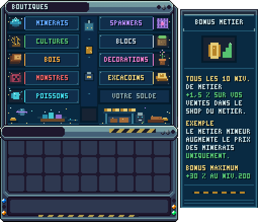 Shops · /shop — Choix du shop : mineur, bûcheron, chasseur, fermier, blocs, spawners, vote, boutique ; chaque tuile ouvre le shop ShopAdmin correspondant.